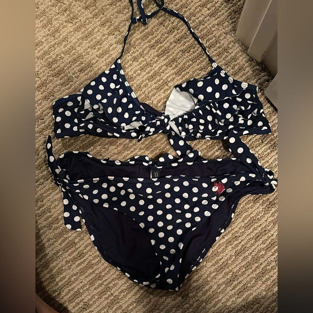 Polo blue and white polka dot ruffle halter w tie side bikini bottoms sz L